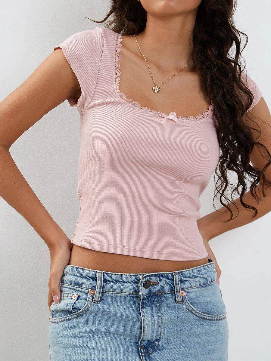 Black Lace Trim Ribbed Bow Accent Baby Tee