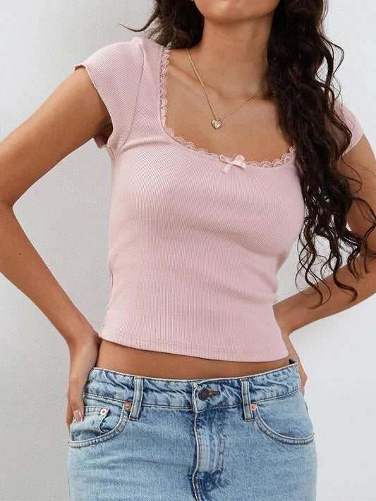 Black Lace Trim Ribbed Bow Accent Baby Tee