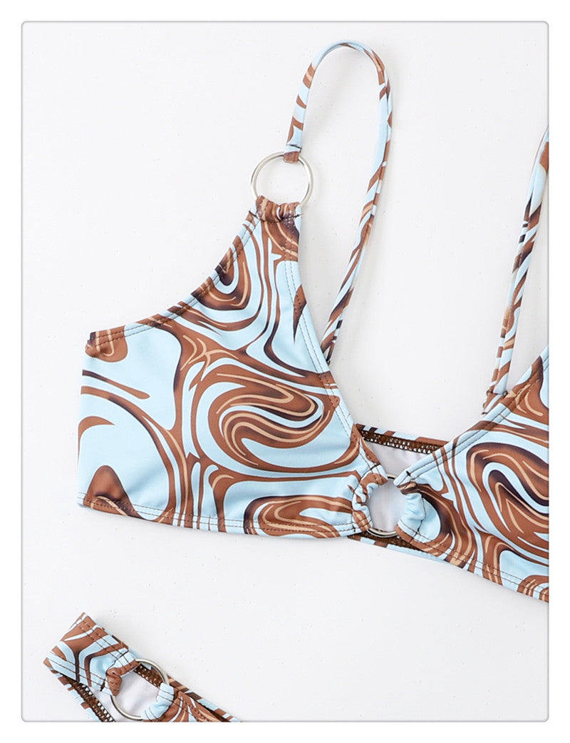 Blue Marble Ring Detail High-Leg Bikini Set