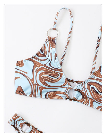 Blue Marble Ring Detail High-Leg Bikini Set