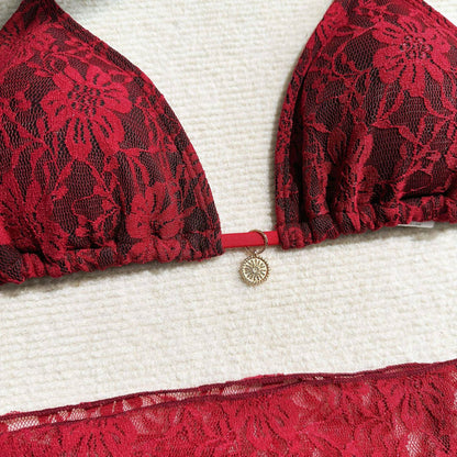 Floral Lace 3-Piece Bikini Set with Matching Sarong