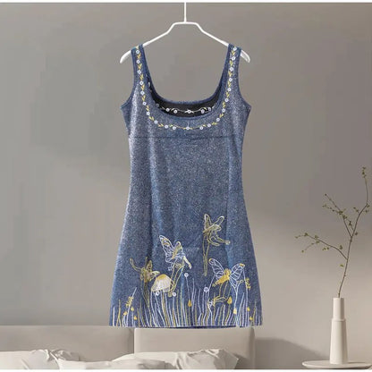 Celestial Beaded Butterfly Navy Mini Slit Dress