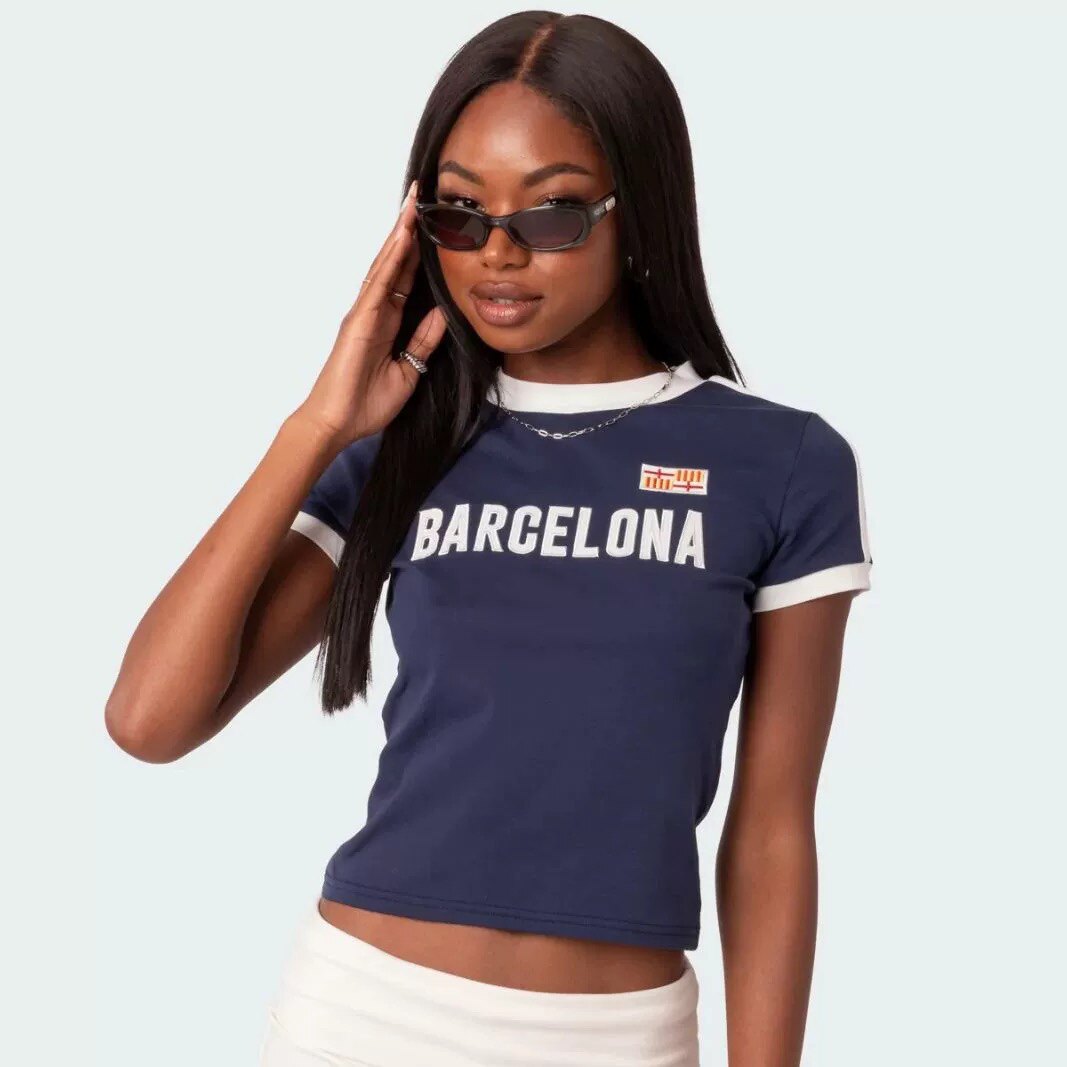 Navy Barcelona Graphic Ringer Baby Tee
