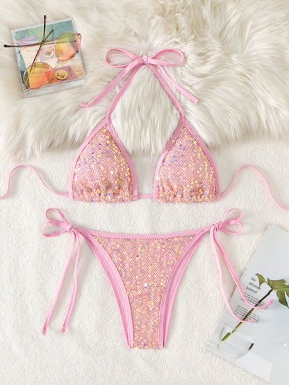 White Sequin Sparkle Halter Bikini Set