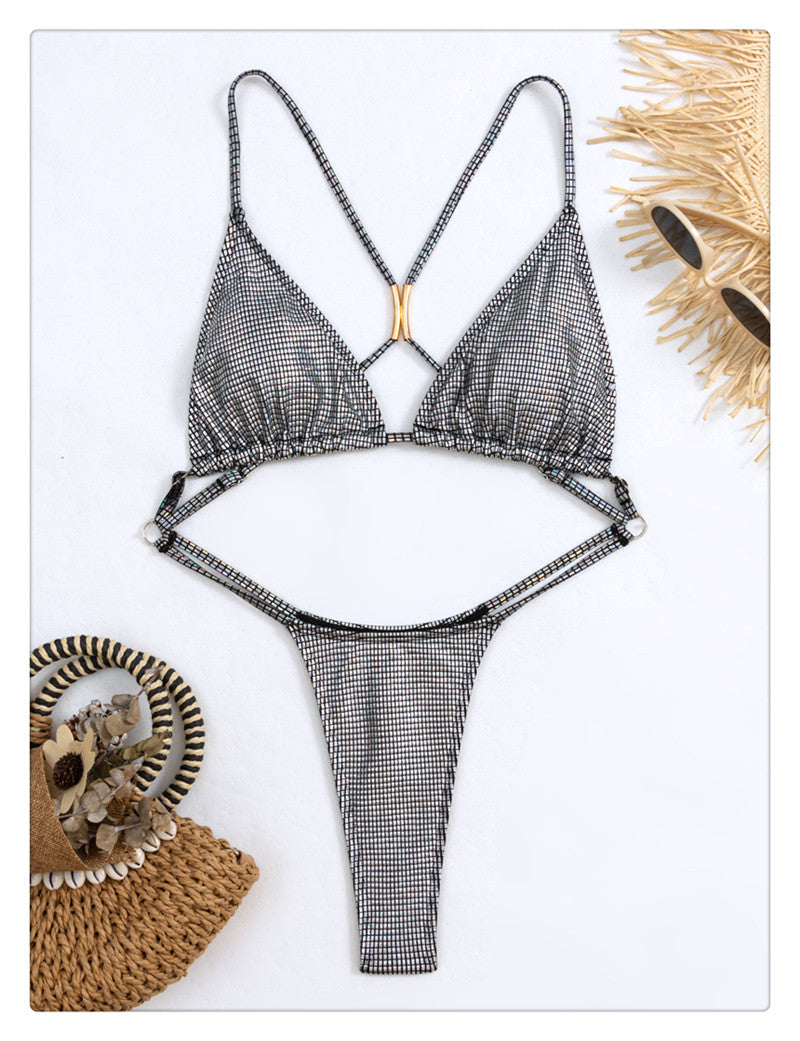 Silver Metallic Monokini Cut-Out High Leg Swimsuit