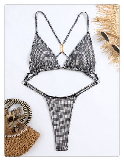 Silver Metallic Monokini Cut-Out High Leg Swimsuit