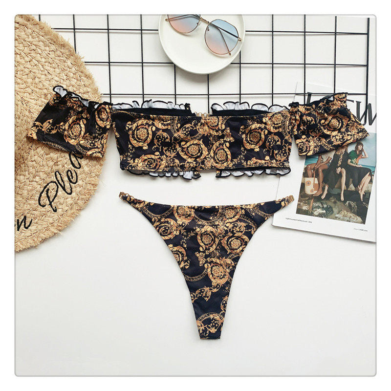 Baroque Print Off-Shoulder Chain Bikini