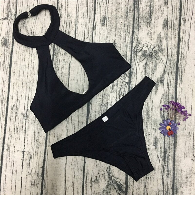 Black Halter Cut-Out Bikini Two-Piece Set