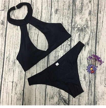 Black Halter Cut-Out Bikini Two-Piece Set
