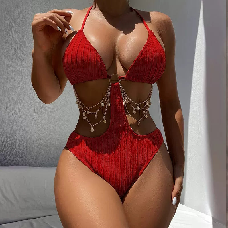 Textured Gold Monokini with Chain and Charm Detail