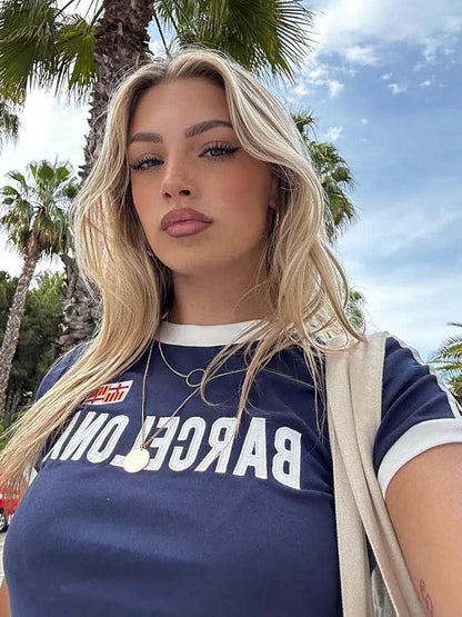 Navy Barcelona Graphic Ringer Baby Tee