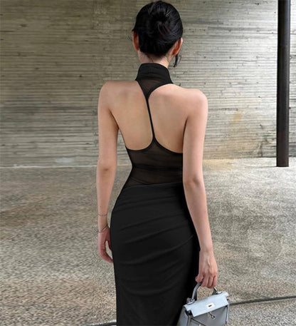Elegant Halter Neck Ruched Drape Midi Dress
