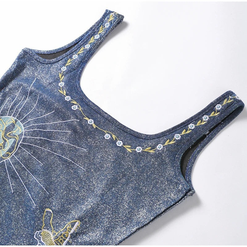 Celestial Beaded Butterfly Navy Mini Slit Dress