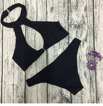 Black Halter Cut-Out Bikini Two-Piece Set