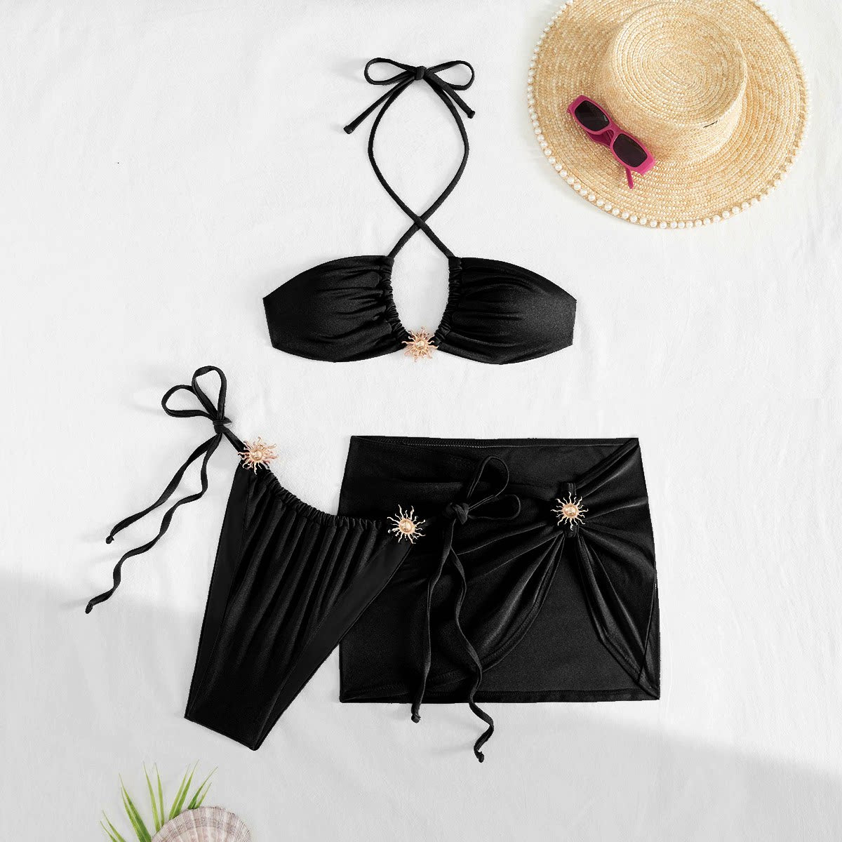 Mauve Shimmer Halter Bikini and Sarong 3-Piece Set