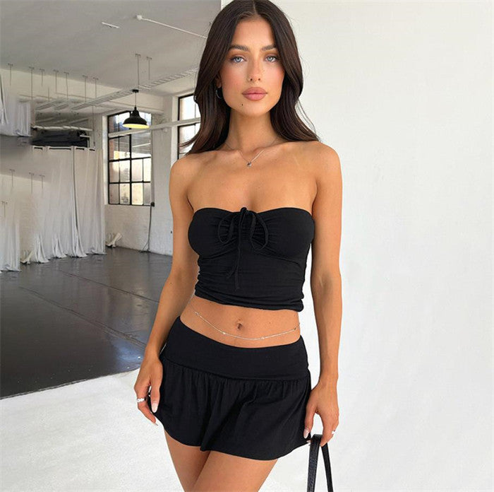 Yellow Ruched Tube Top and Mini Skirt Set
