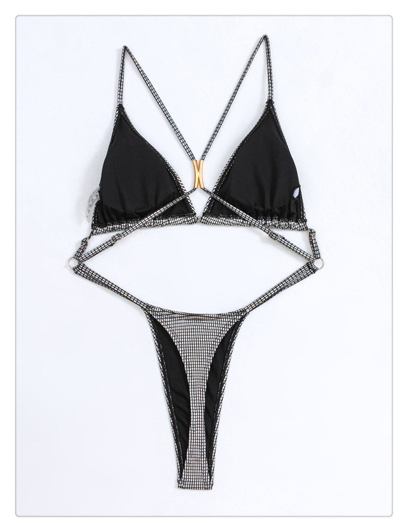 Silver Metallic Monokini Cut-Out High Leg Swimsuit
