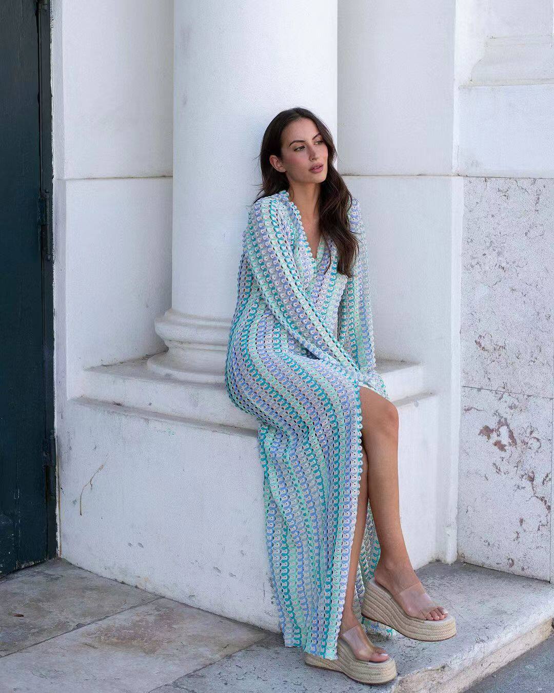 Crocheted V-Neck Long Sleeve Beach Cover Up