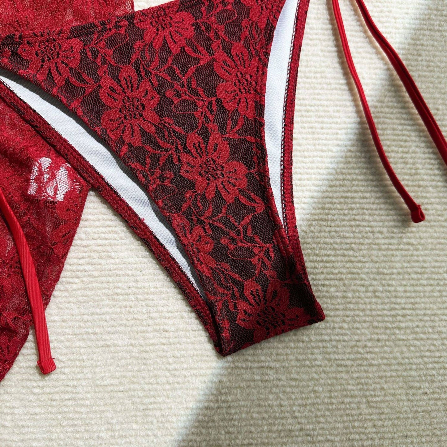 Floral Lace 3-Piece Bikini Set with Matching Sarong
