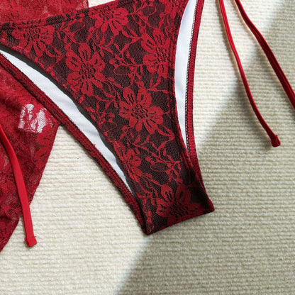 Floral Lace 3-Piece Bikini Set with Matching Sarong