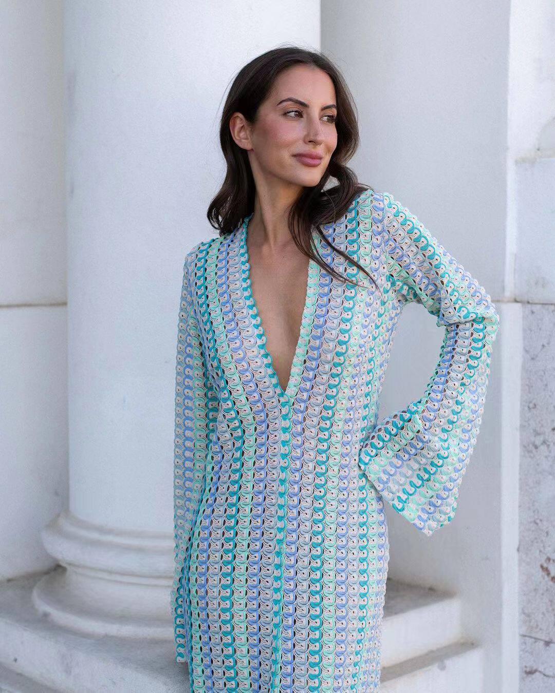 Crocheted V-Neck Long Sleeve Beach Cover Up