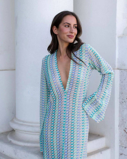 Crocheted V-Neck Long Sleeve Beach Cover Up