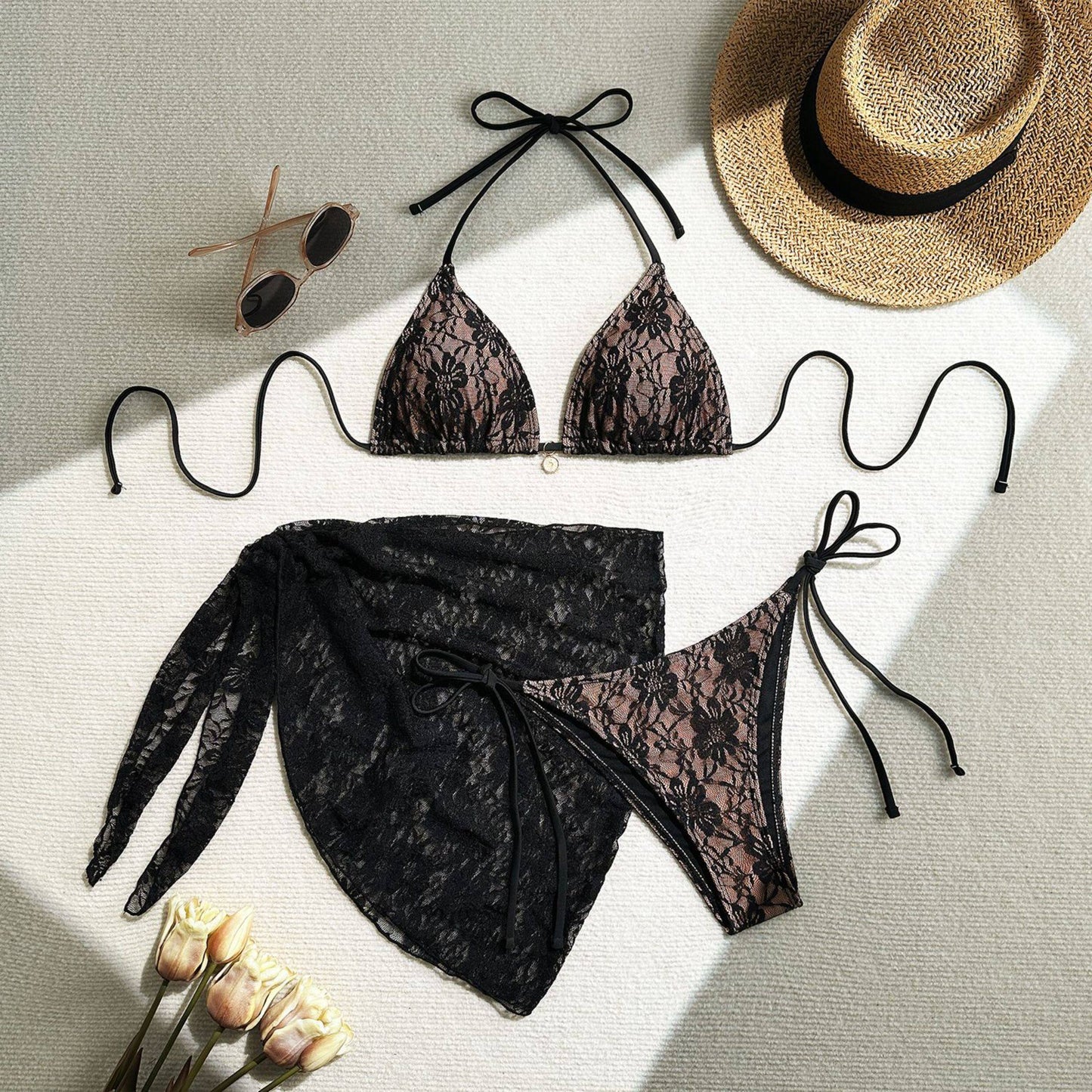 Floral Lace 3-Piece Bikini Set with Matching Sarong