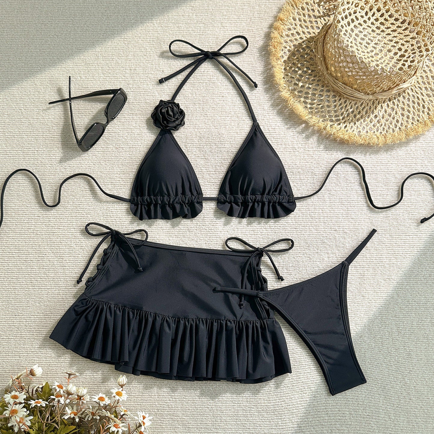 Cream Ruffle Halter Bikini with Rosette and Skirt