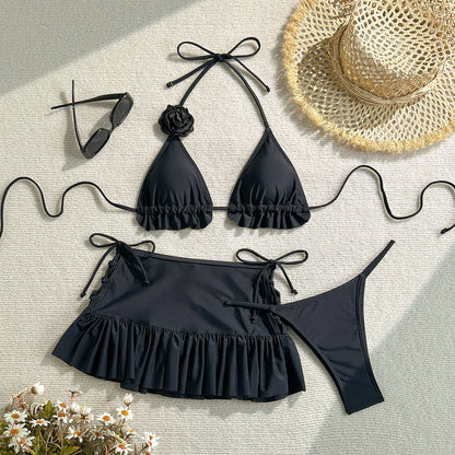 Cream Ruffle Halter Bikini with Rosette and Skirt