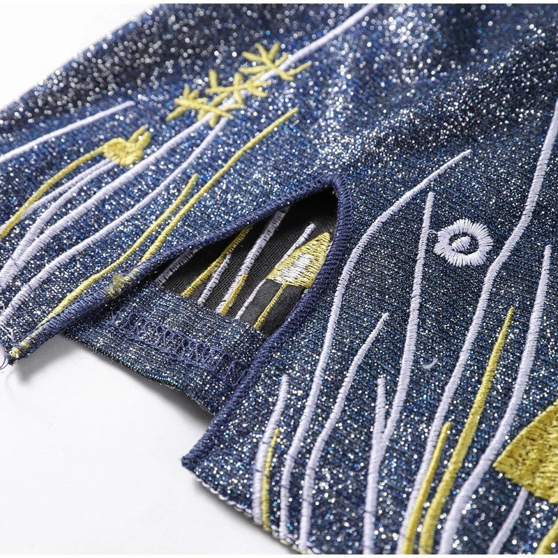 Celestial Beaded Butterfly Navy Mini Slit Dress