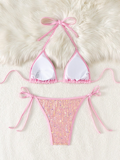 White Sequin Sparkle Halter Bikini Set