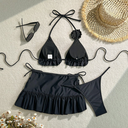 Cream Ruffle Halter Bikini with Rosette and Skirt