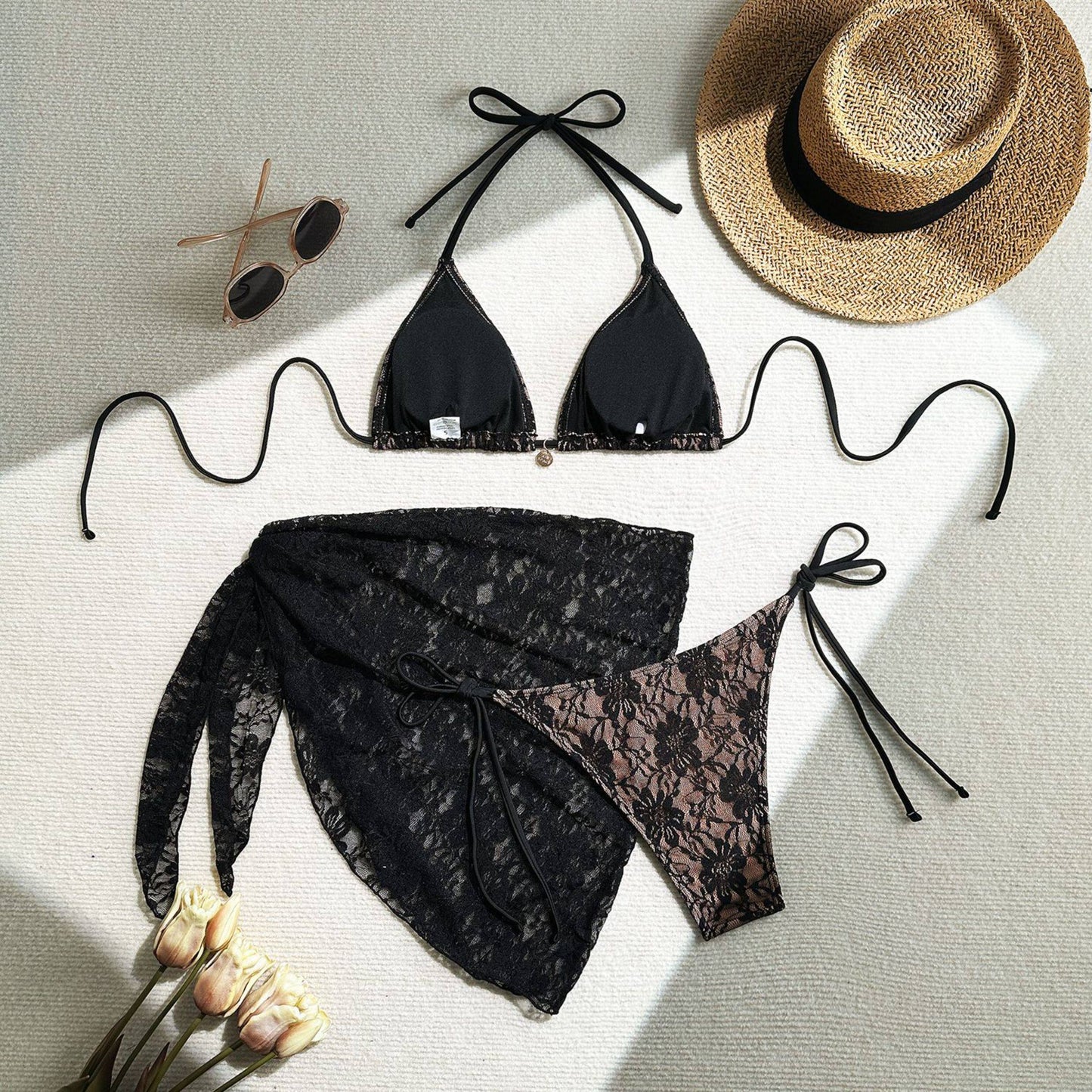 Floral Lace 3-Piece Bikini Set with Matching Sarong