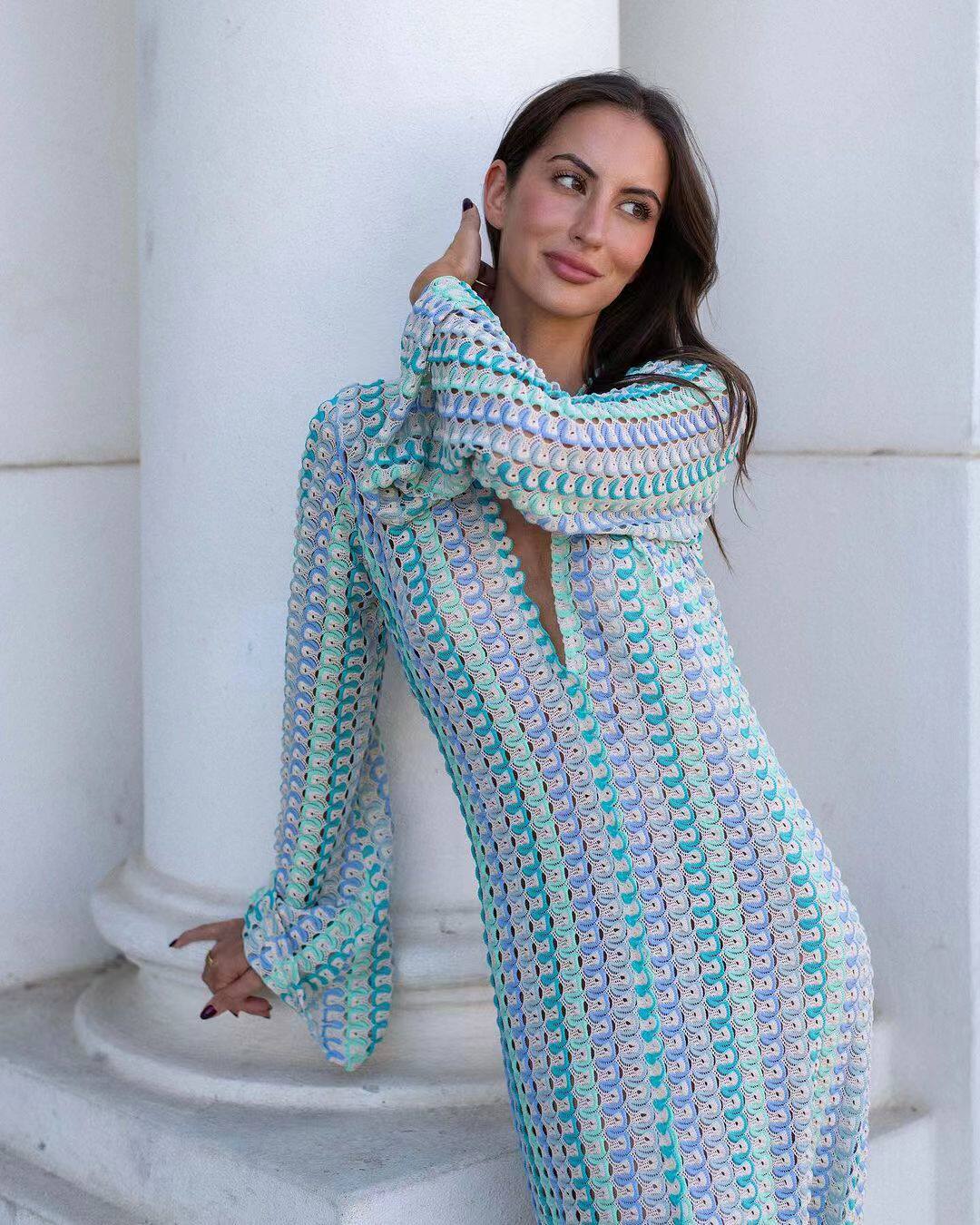 Crocheted V-Neck Long Sleeve Beach Cover Up