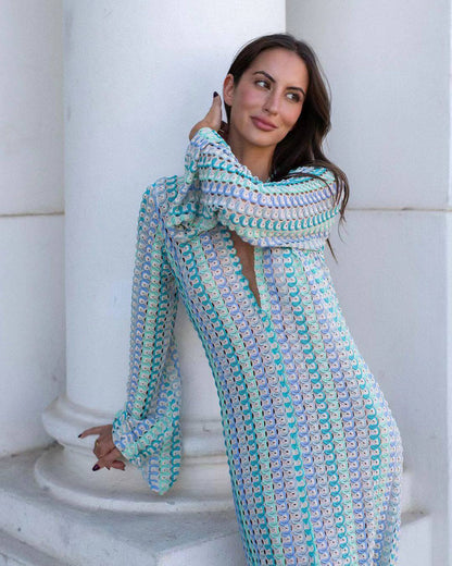 Crocheted V-Neck Long Sleeve Beach Cover Up