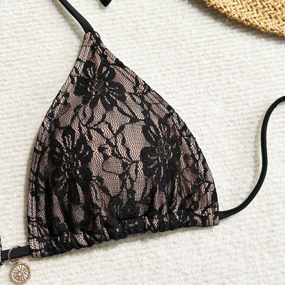 Floral Lace 3-Piece Bikini Set with Matching Sarong