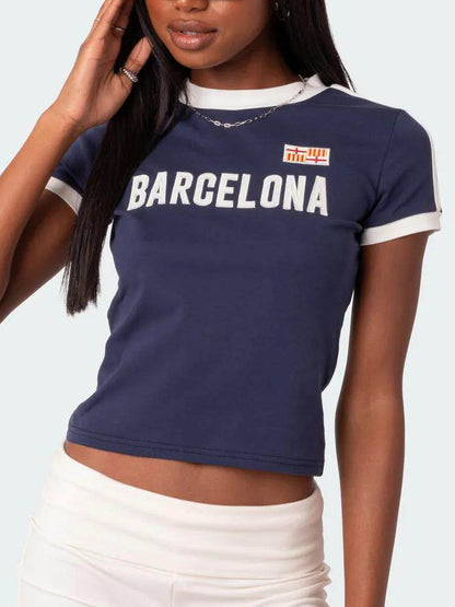 Navy Barcelona Graphic Ringer Baby Tee