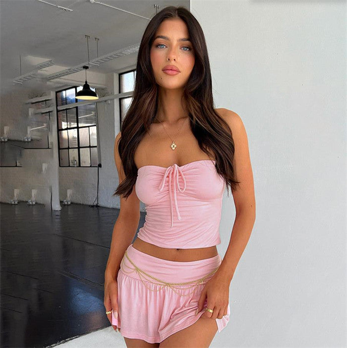 Yellow Ruched Tube Top and Mini Skirt Set