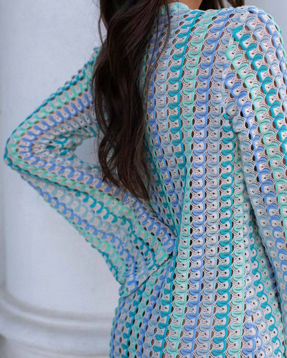 Crocheted V-Neck Long Sleeve Beach Cover Up