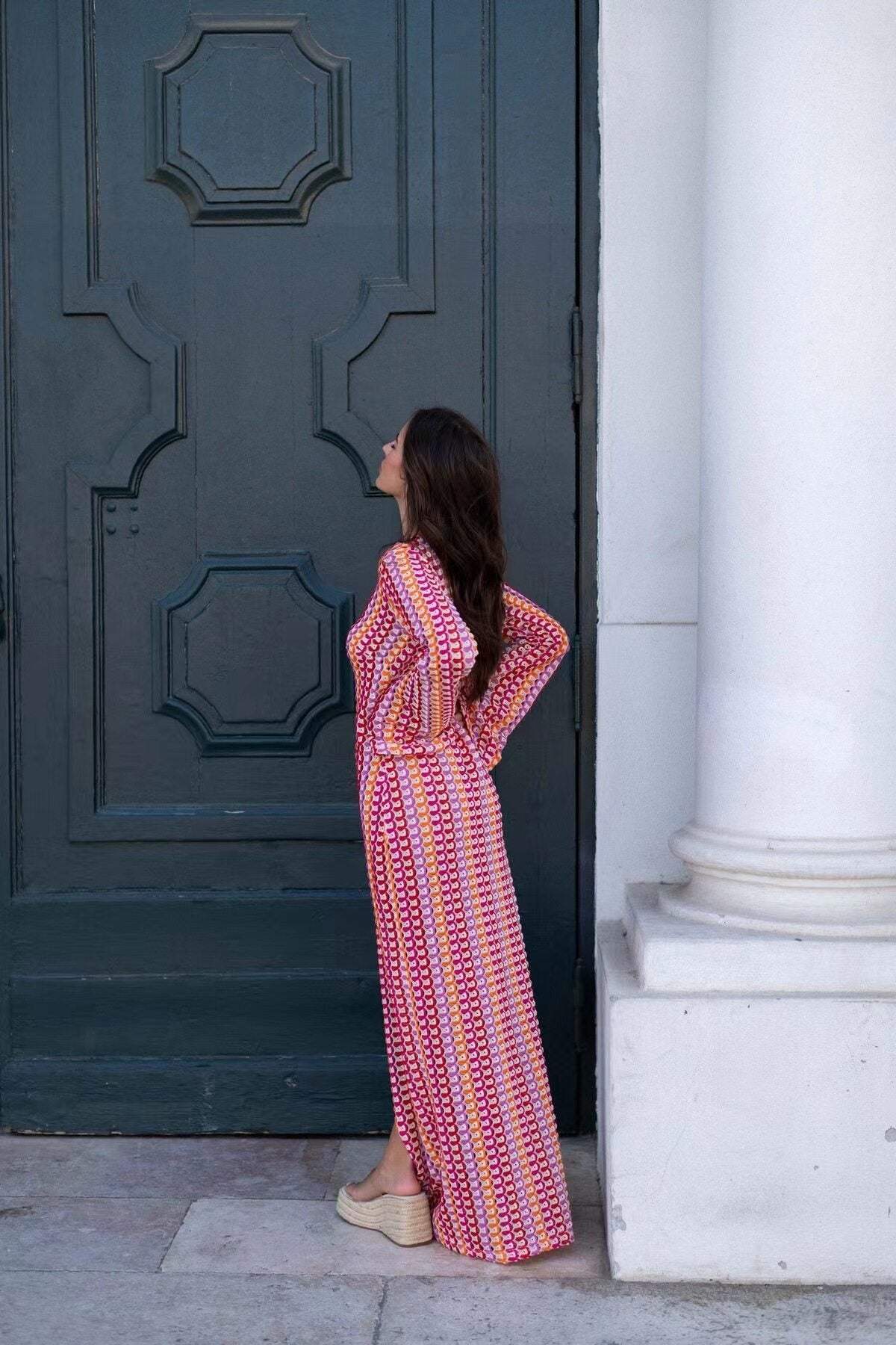 Sunset Pink Geometric Crochet V-Neck Maxi Dress