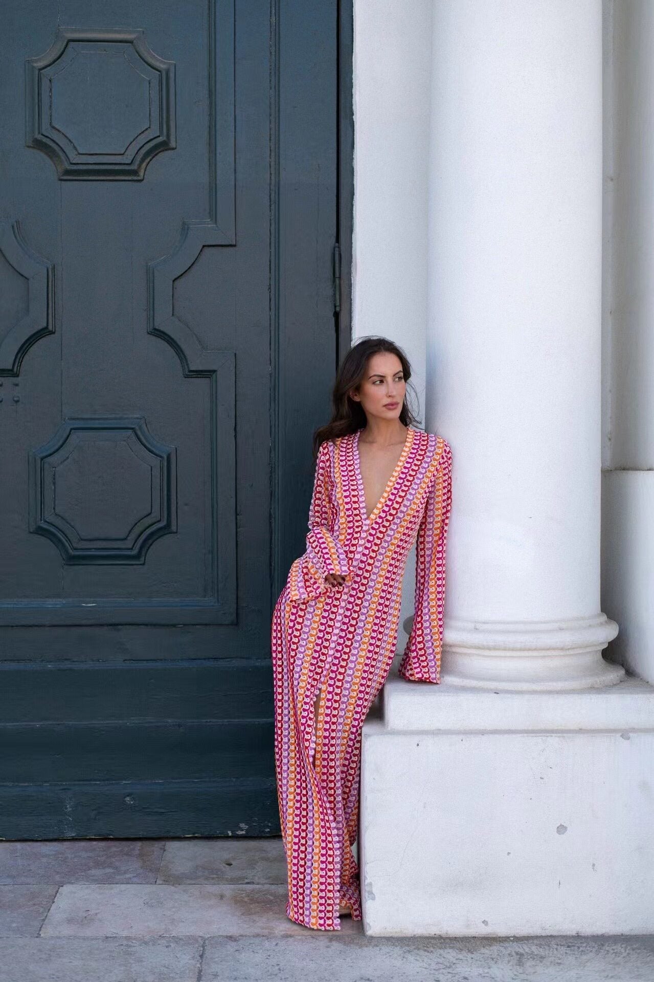 Sunset Pink Geometric Crochet V-Neck Maxi Dress