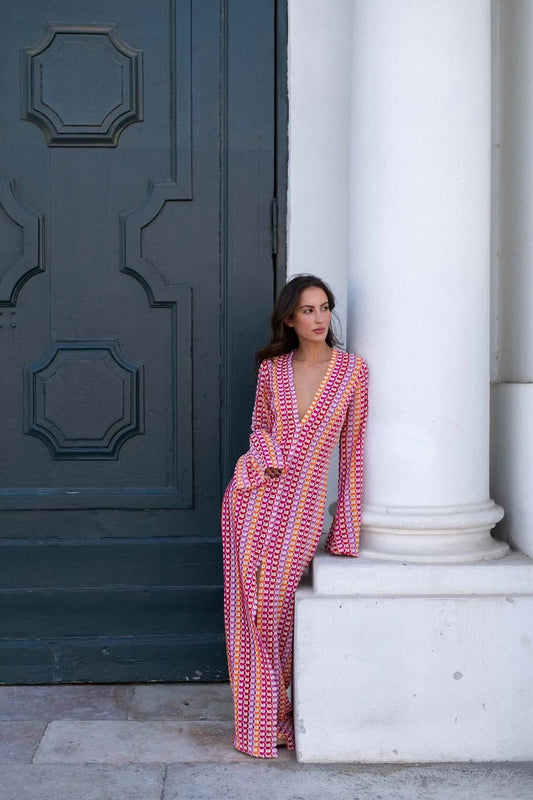 Sunset Pink Geometric Crochet V-Neck Maxi Dress