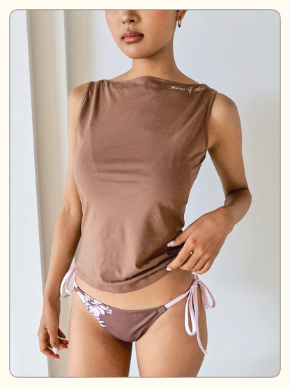 Mauve Hibiscus Floral Print Side Tie Bikini Set
