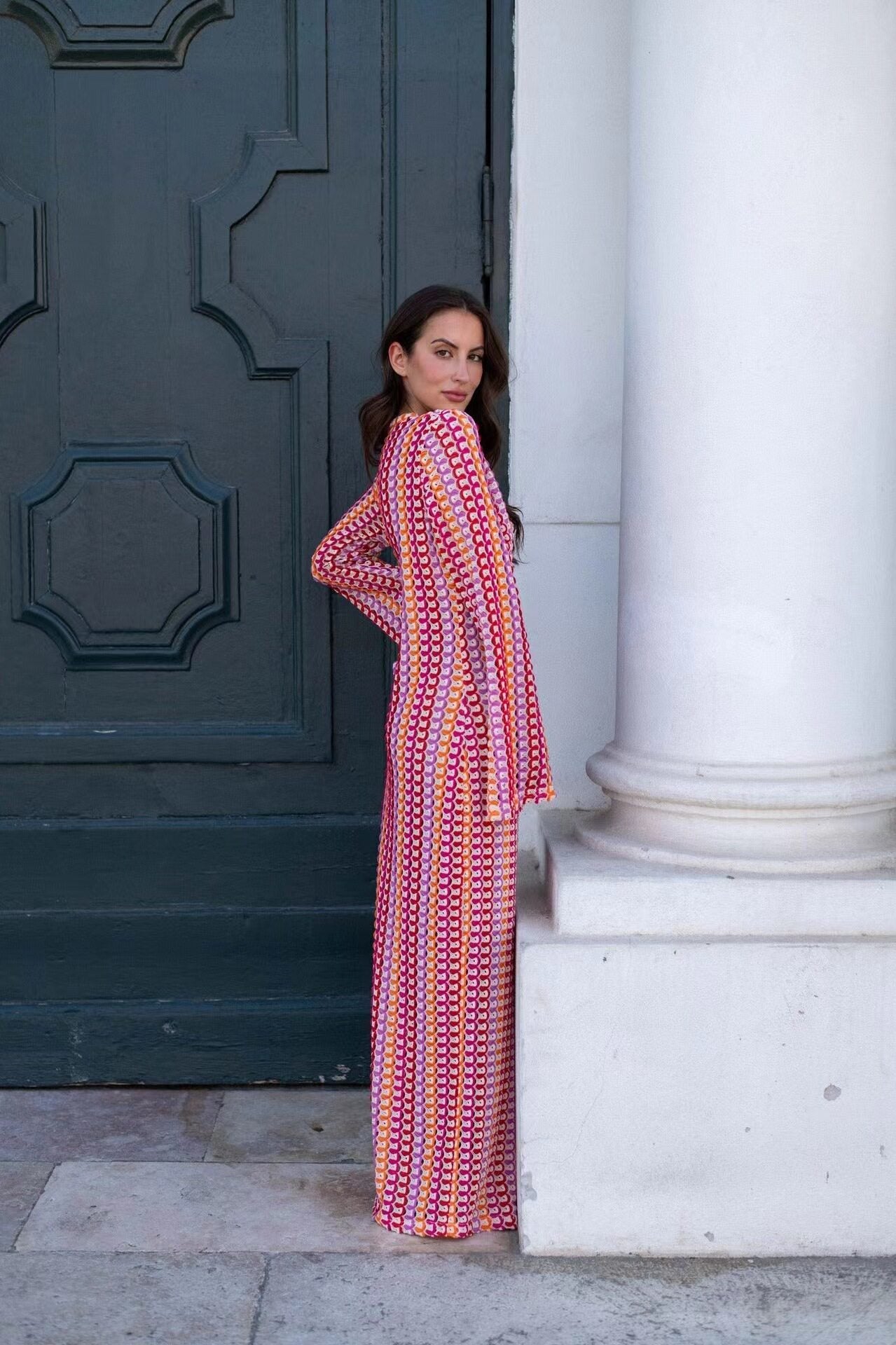 Sunset Pink Geometric Crochet V-Neck Maxi Dress