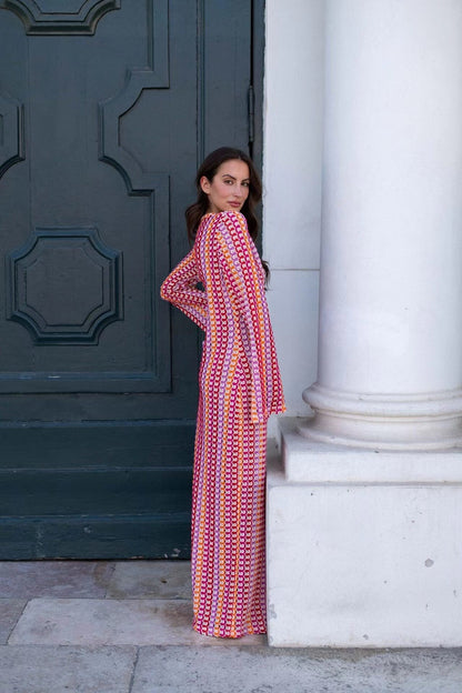 Sunset Pink Geometric Crochet V-Neck Maxi Dress