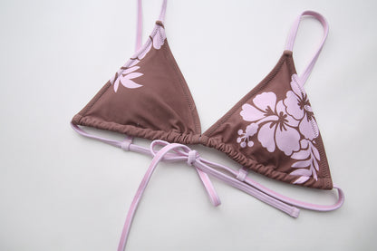Mauve Hibiscus Floral Print Side Tie Bikini Set