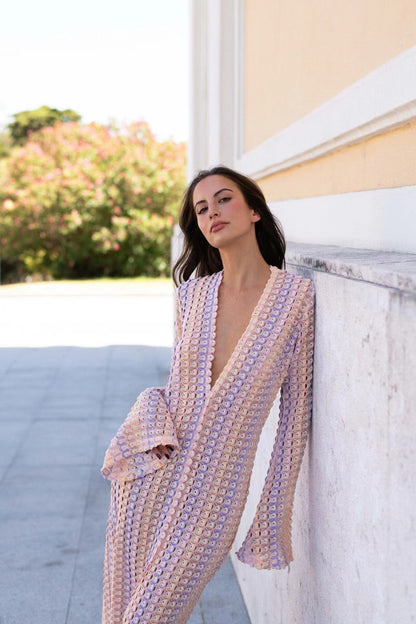 Pastel Scallop Crochet V-Neck Maxi Dress