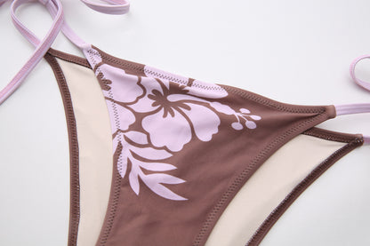 Mauve Hibiscus Floral Print Side Tie Bikini Set
