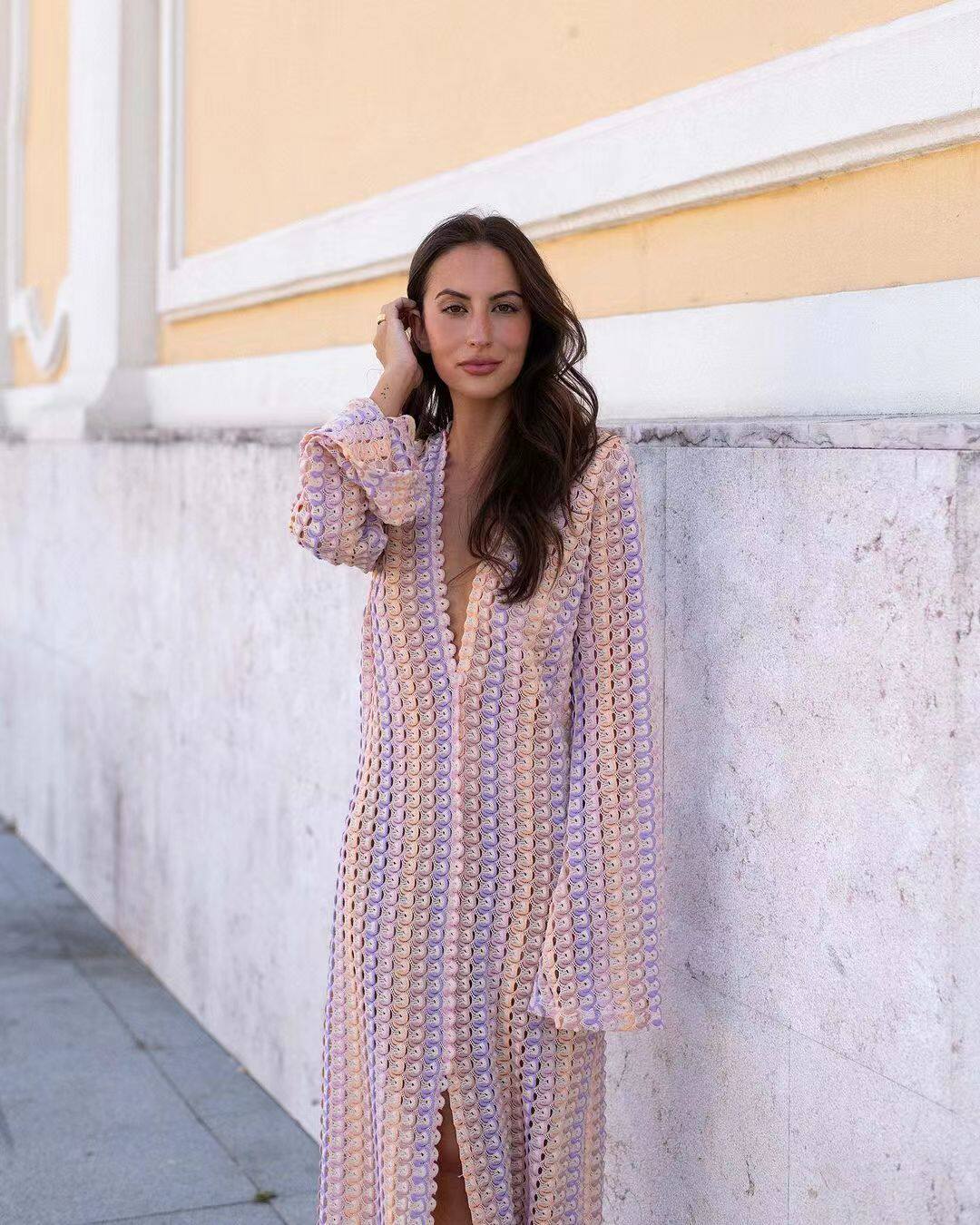 Pastel Scallop Crochet V-Neck Maxi Dress