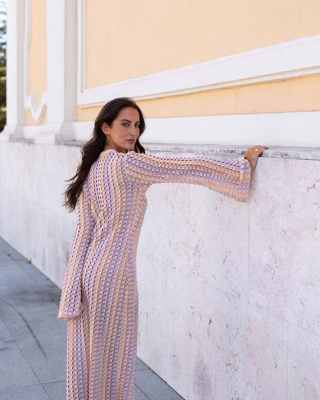 Pastel Scallop Crochet V-Neck Maxi Dress